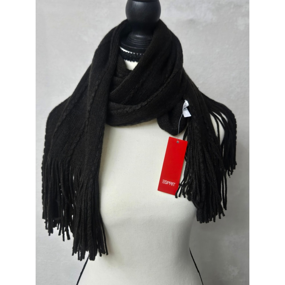 Esprit Chocolate Brown Cable Knit Scarf Fringe NWT 90s Dark Academia Classic